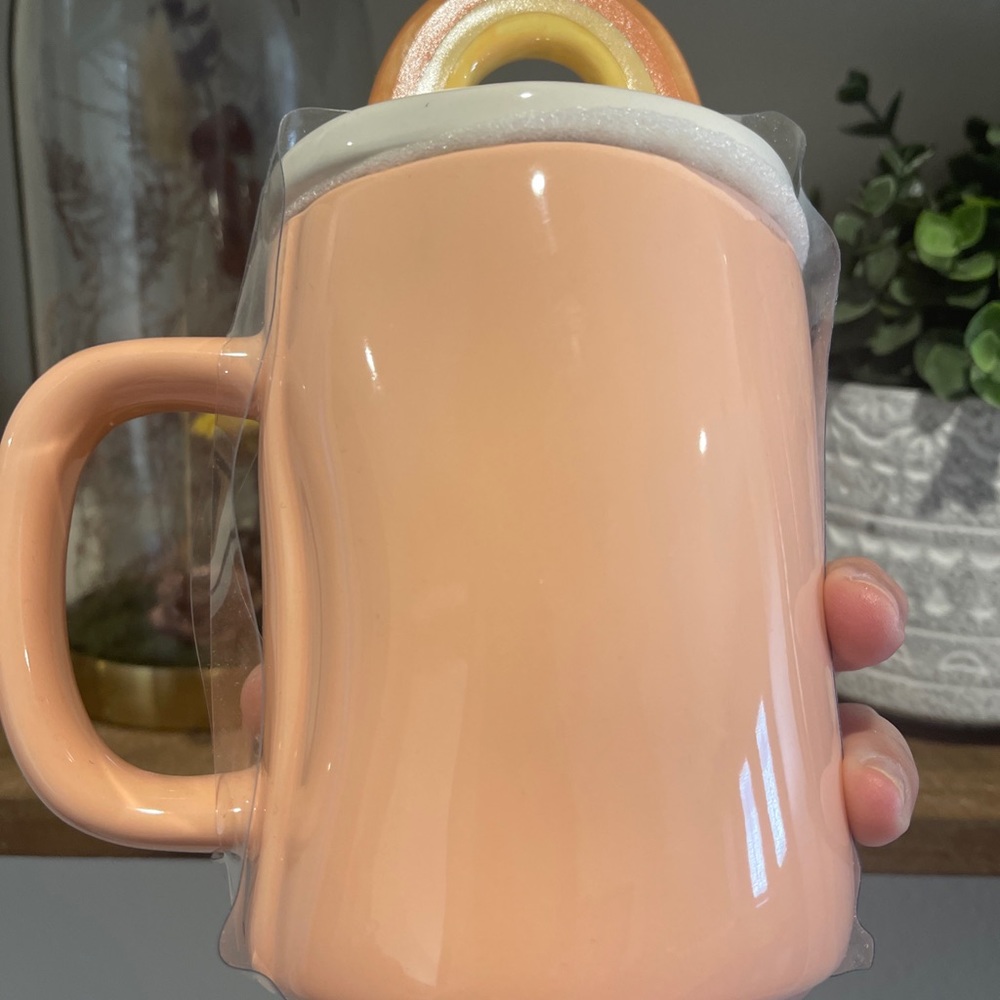 2- Rae Dunn ceramic oversized lidded boho rainbow HUMAN KIND coffee mug SET of 2 - Picture 3 of 4